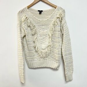 H&M Fringe Cream Loose Knot Sweater Slouchy Fisherman Knit Boho White Small